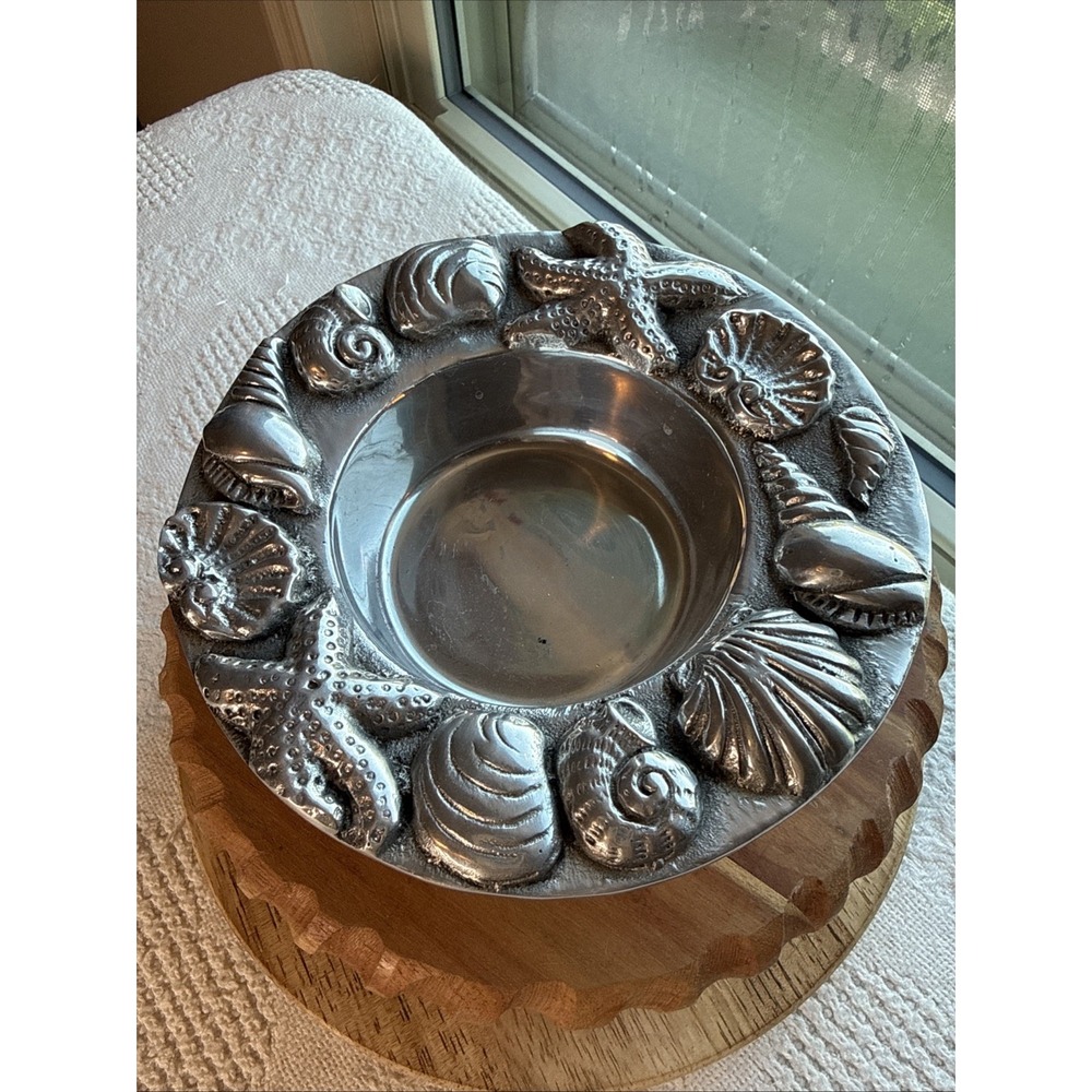 Heavy Cast Aluminum Seashells & Starfish Wine Bottle Coaster Holder Trinket Dish